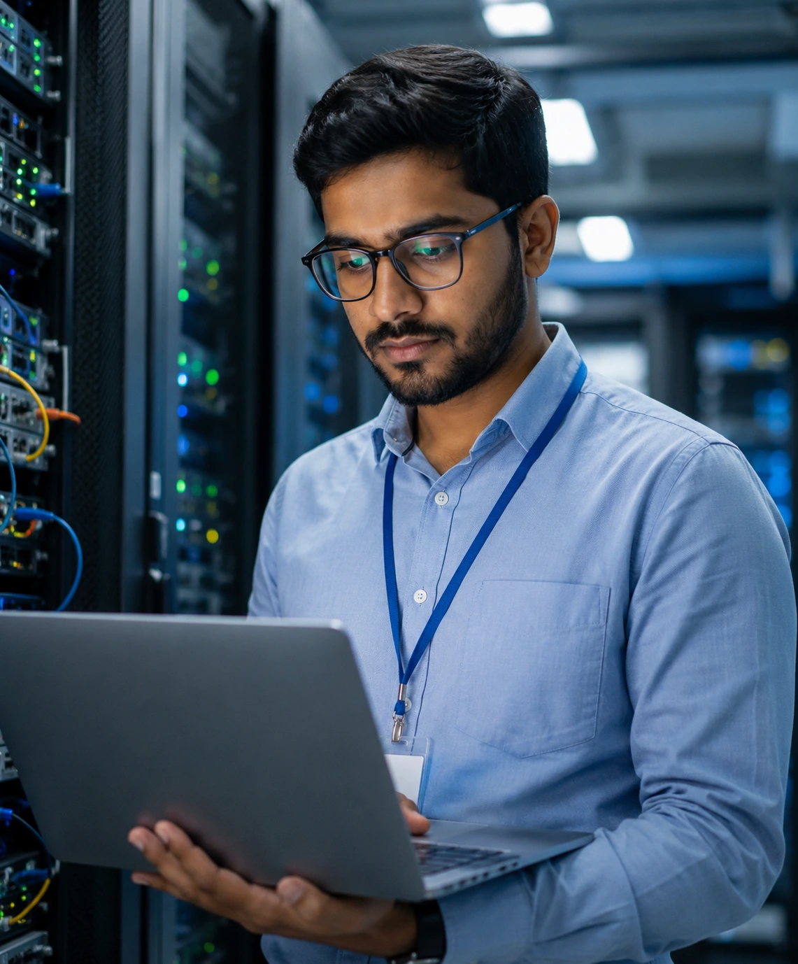 IT consultant working on a laptop in a modern data center environment