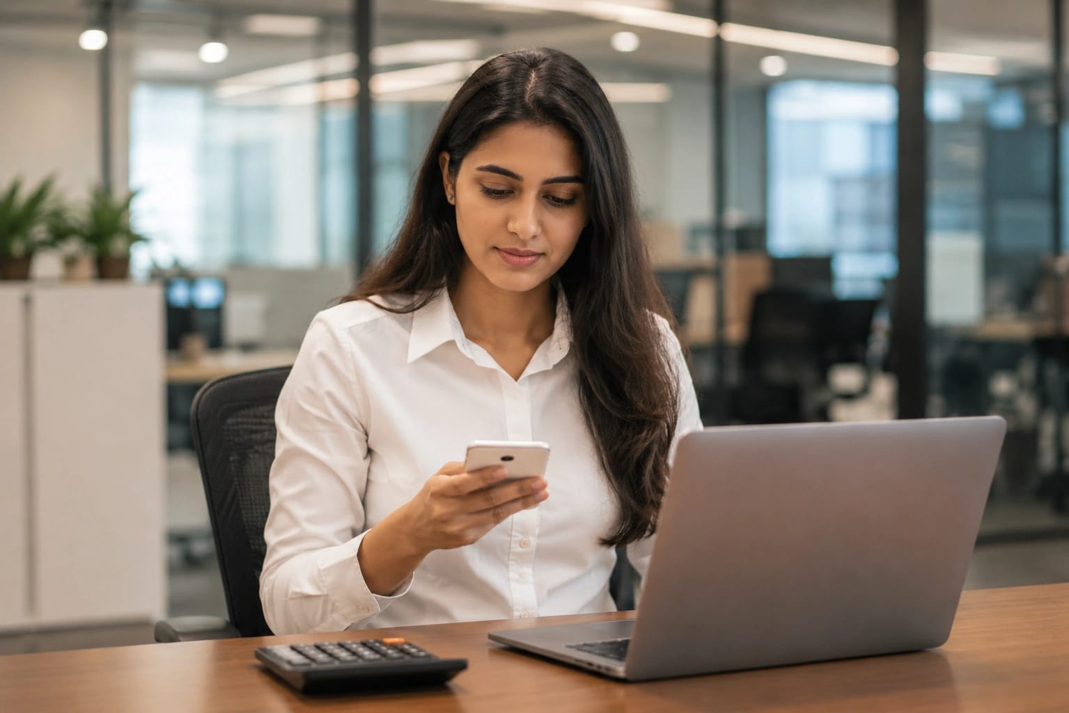 Payroll professional reviewing figures on a phone at her desk with a laptop and calculator