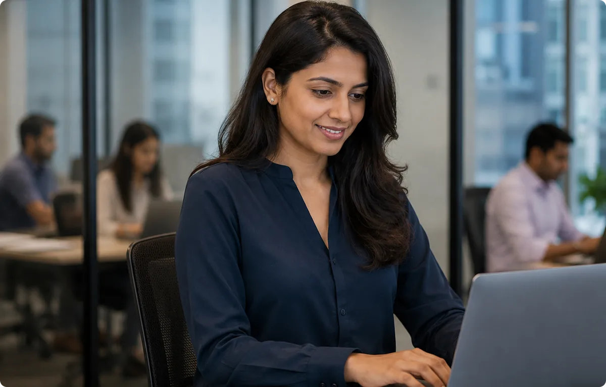Software professional working on a laptop in a modern office with colleagues at their desks