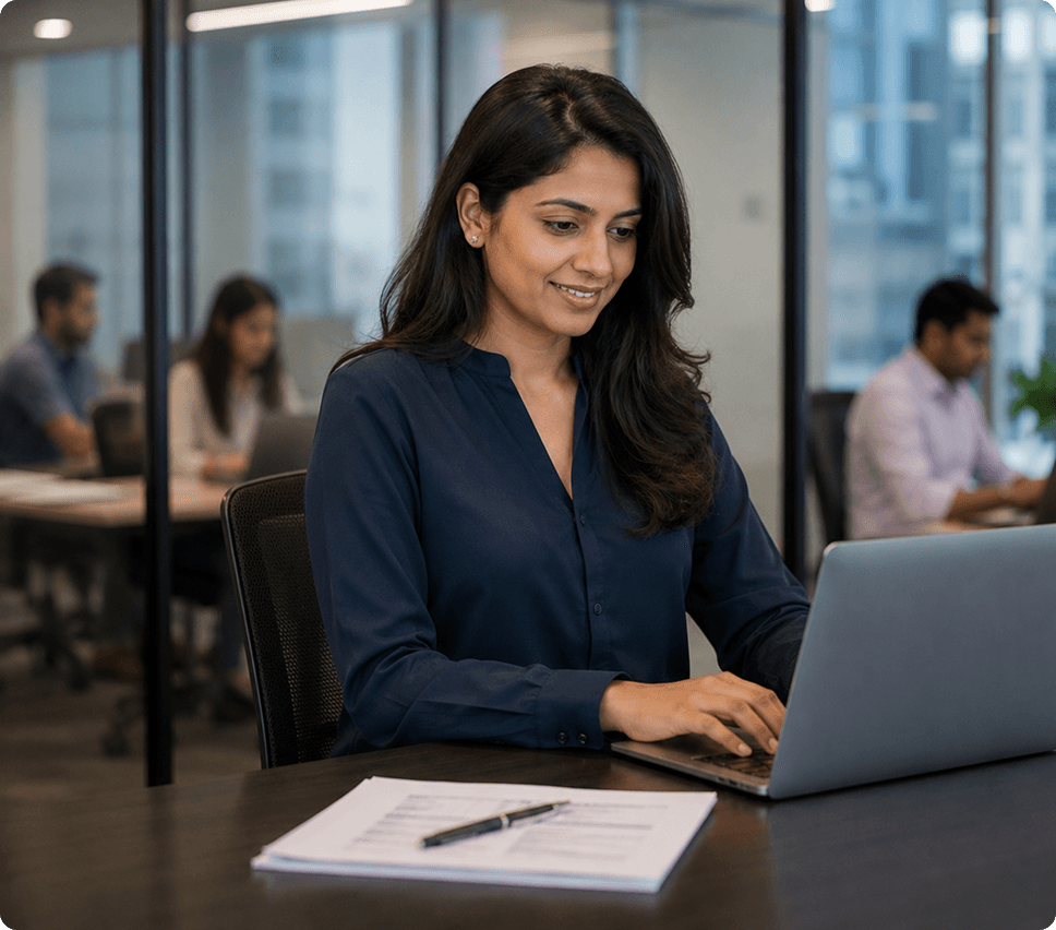 Software professional working on a laptop in a modern office with colleagues at their desks