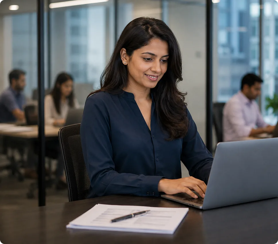Software professional working on a laptop in a modern office with colleagues at their desks