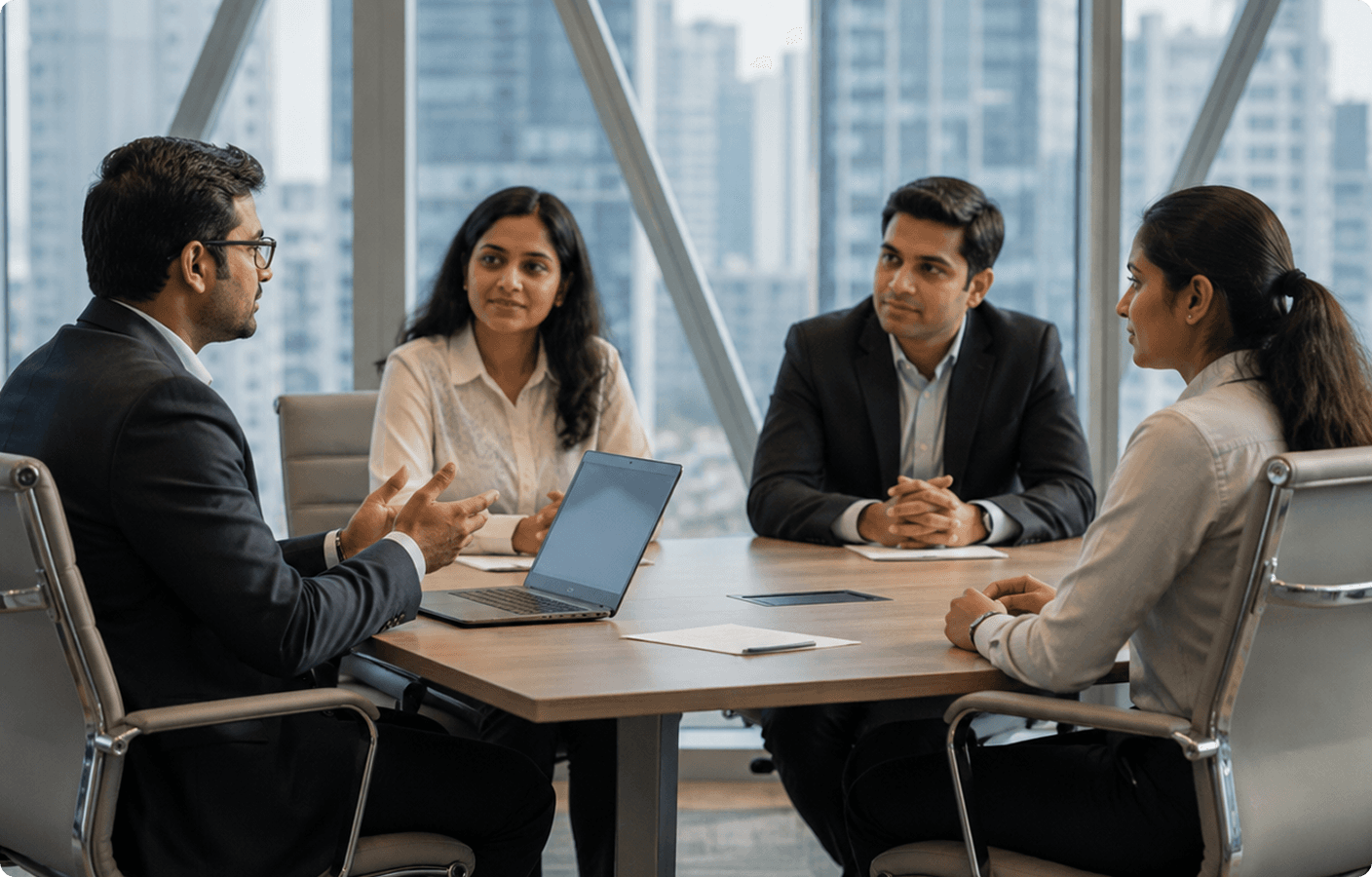 Business professionals in a meeting reviewing workforce reports in a modern office with city skyline view