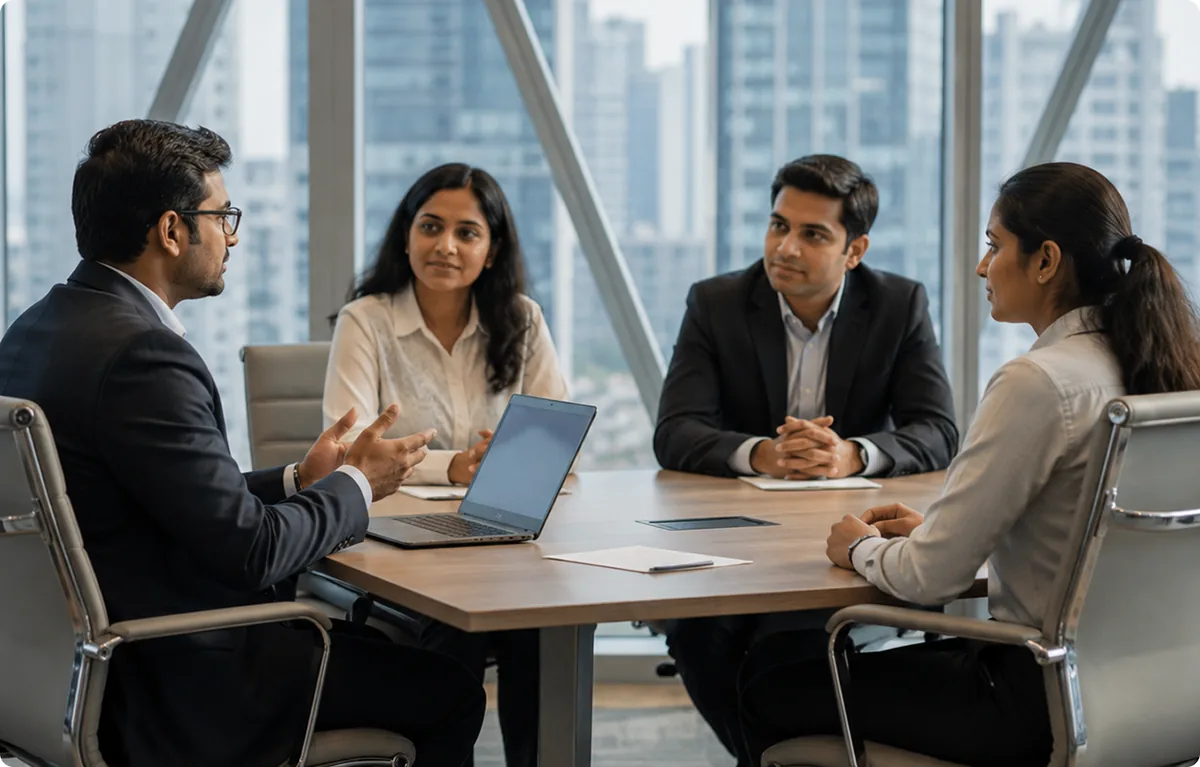 Business professionals in a meeting reviewing workforce reports in a modern office with city skyline view