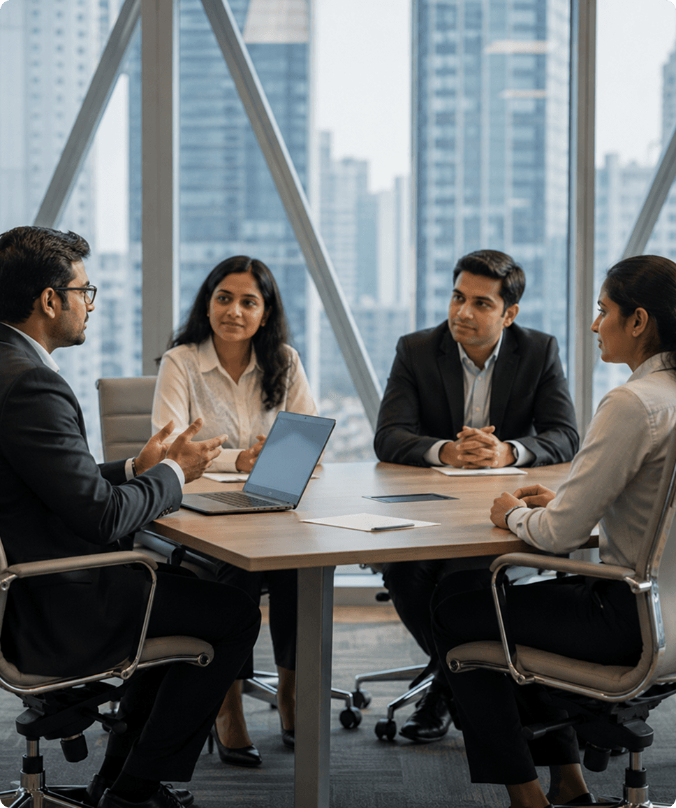 Business professionals in a meeting reviewing workforce reports in a modern office with city skyline view