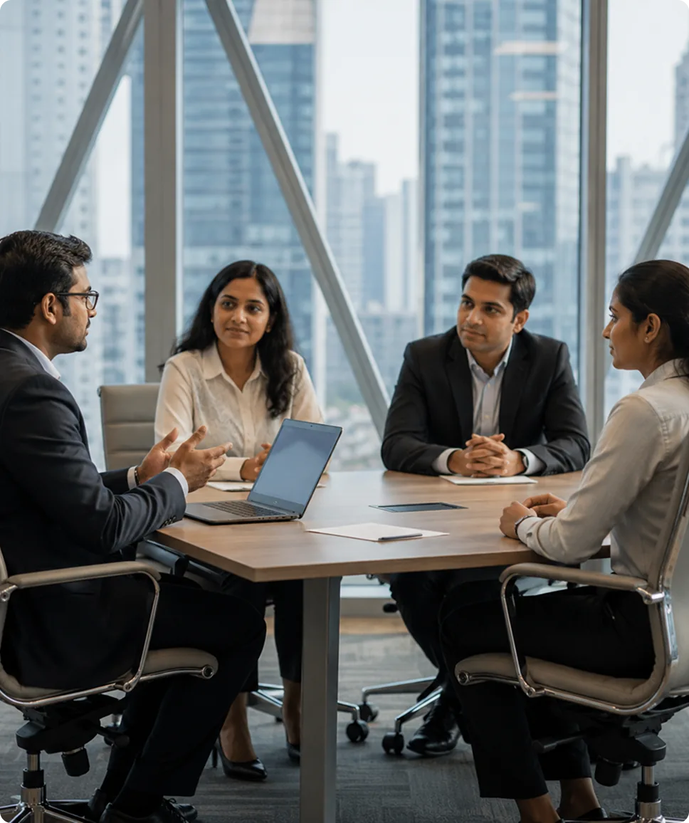 Business professionals in a meeting reviewing workforce reports in a modern office with city skyline view