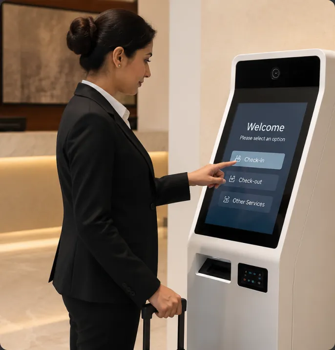 Professional using a floor-standing workplace kiosk with a welcome screen