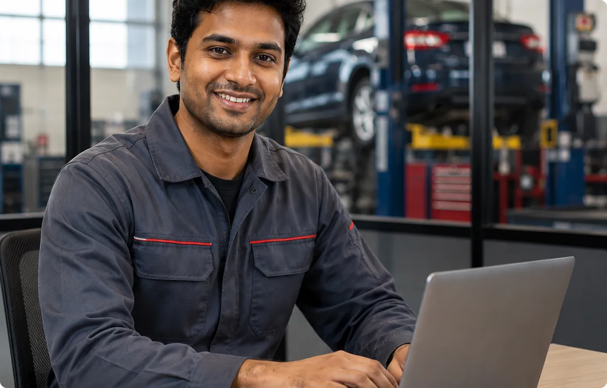 Technician in a blue uniform using a laptop at a desk in an automotive service center