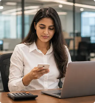 Finance professional using a smartphone at a desk with a laptop and calculator