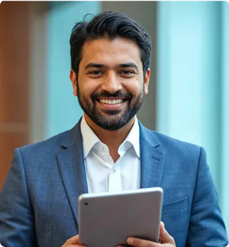 Manager in a blazer holding a tablet in a modern office