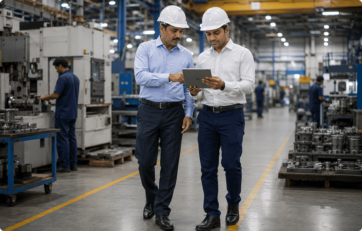 Manufacturing supervisors in hard hats reviewing attendance and shift reports on a tablet in a factory
