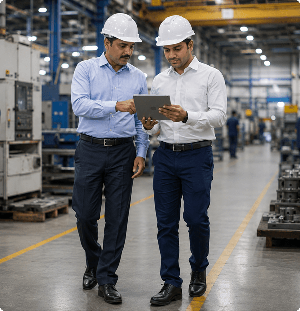 Manufacturing supervisors in hard hats reviewing attendance and shift reports on a tablet in a factory