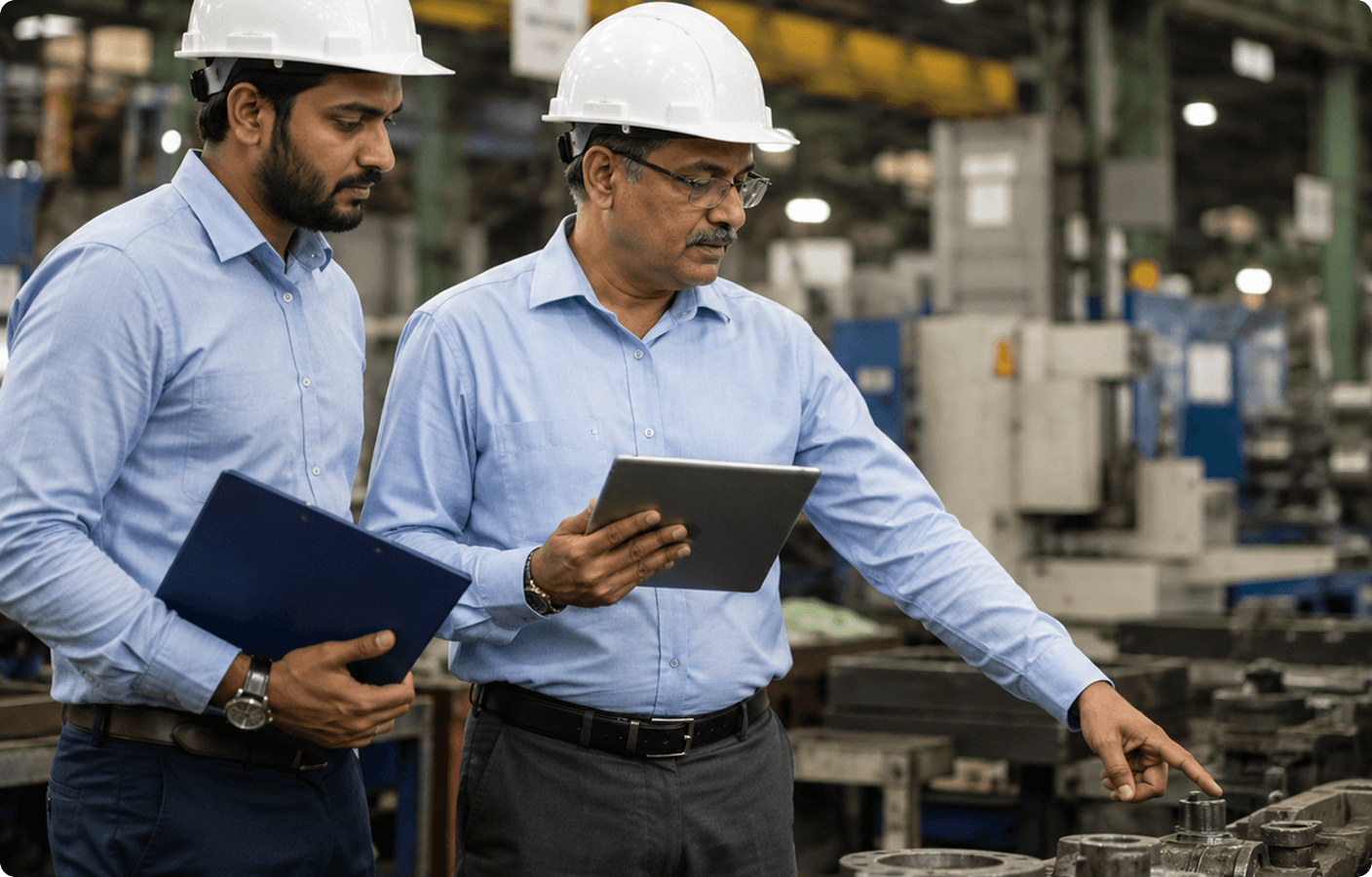 Manufacturing supervisors in hard hats reviewing machinery with a tablet and clipboard on the factory floor