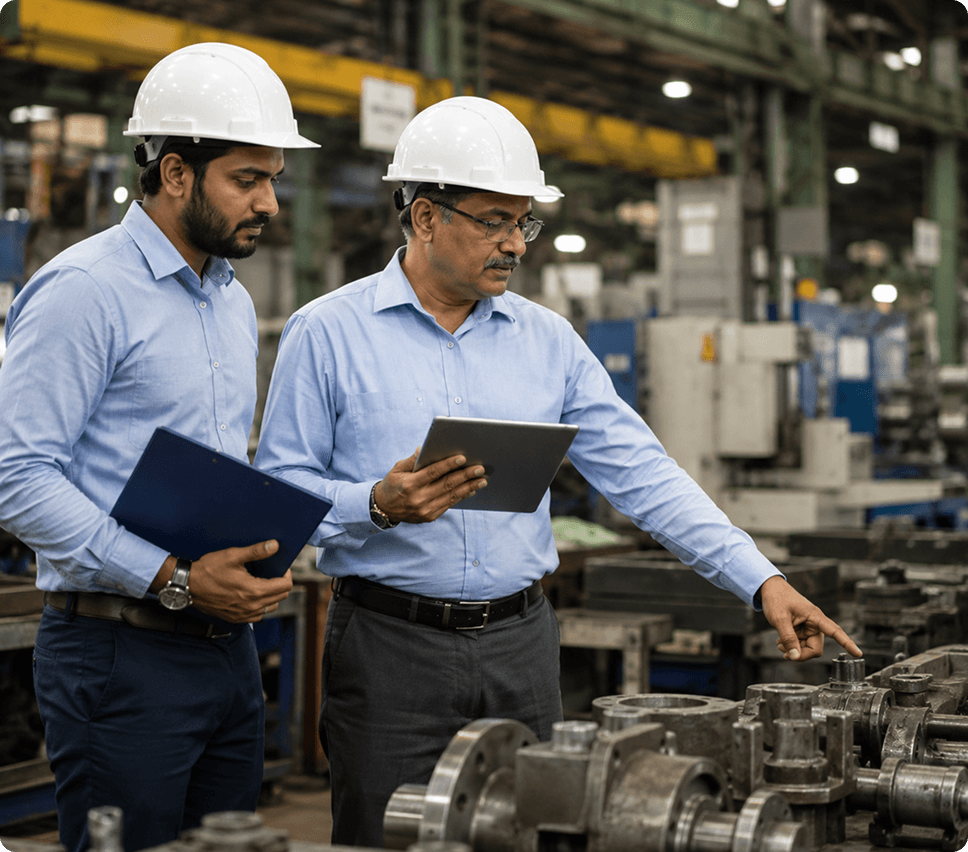 Manufacturing supervisors in hard hats reviewing machinery with a tablet and clipboard on the factory floor