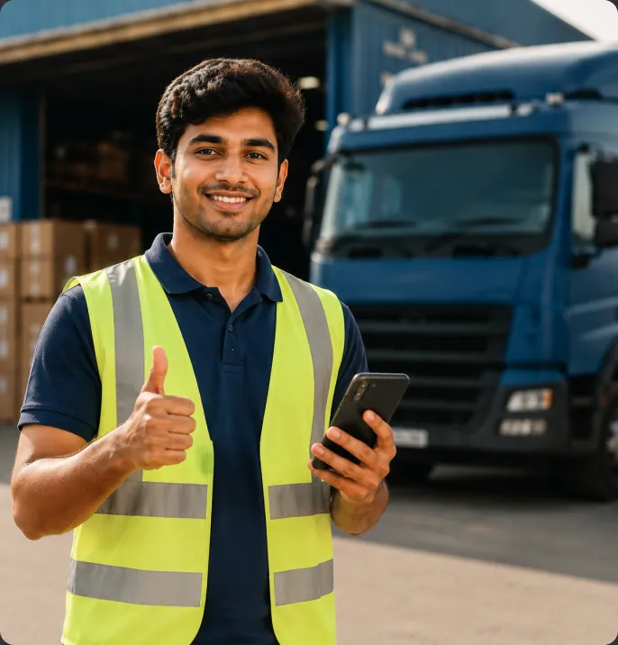 Logistics worker in a high-visibility vest giving a thumbs up while holding a smartphone