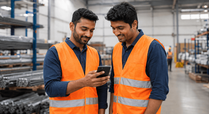 Two workers in safety vests reviewing HR information on a smartphone in an industrial setting