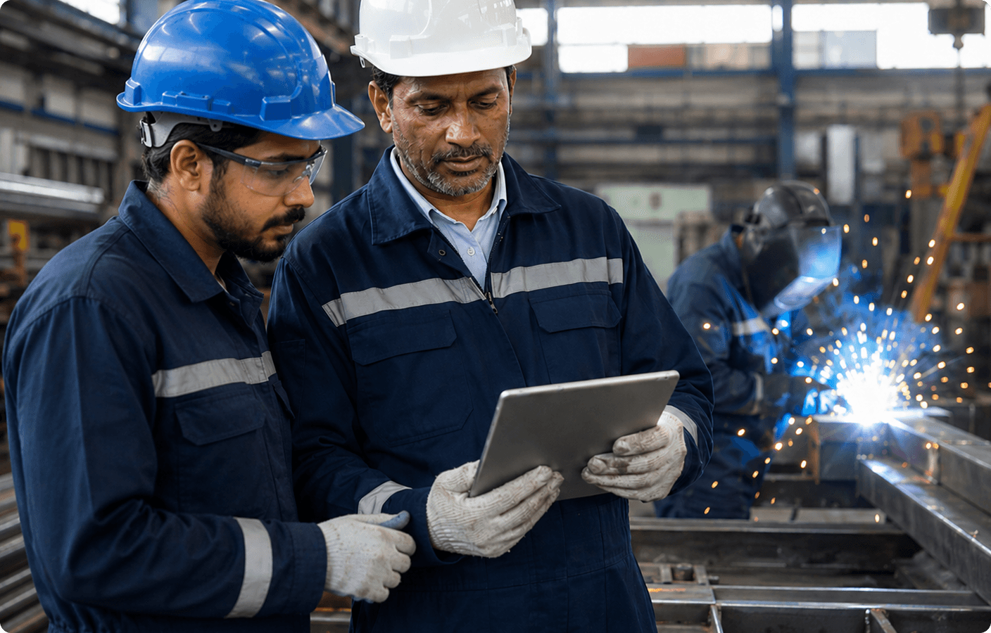 Two workers in hard hats reviewing onboarding workflow details on a tablet in a factory