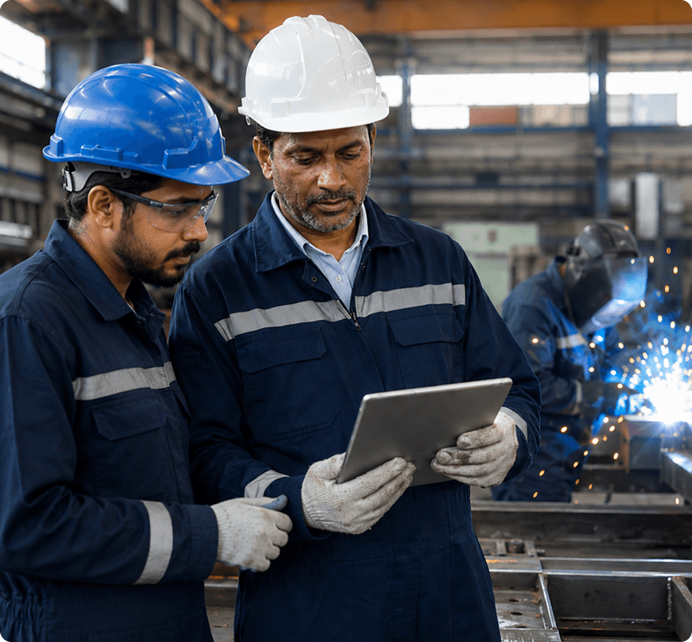 Two workers in hard hats reviewing onboarding workflow details on a tablet in a factory