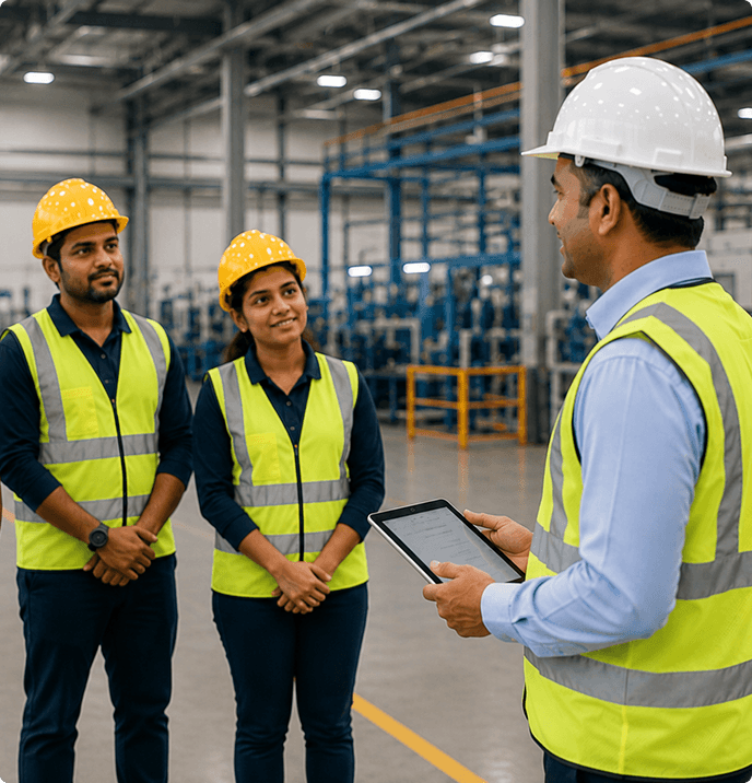 Supervisor showing onboarding information on a tablet to workers in a factory