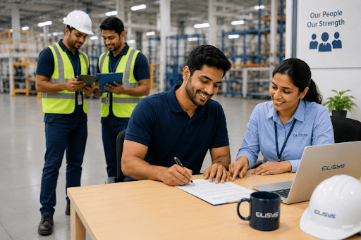 Onboarding team helping an employee complete paperwork on a manufacturing floor