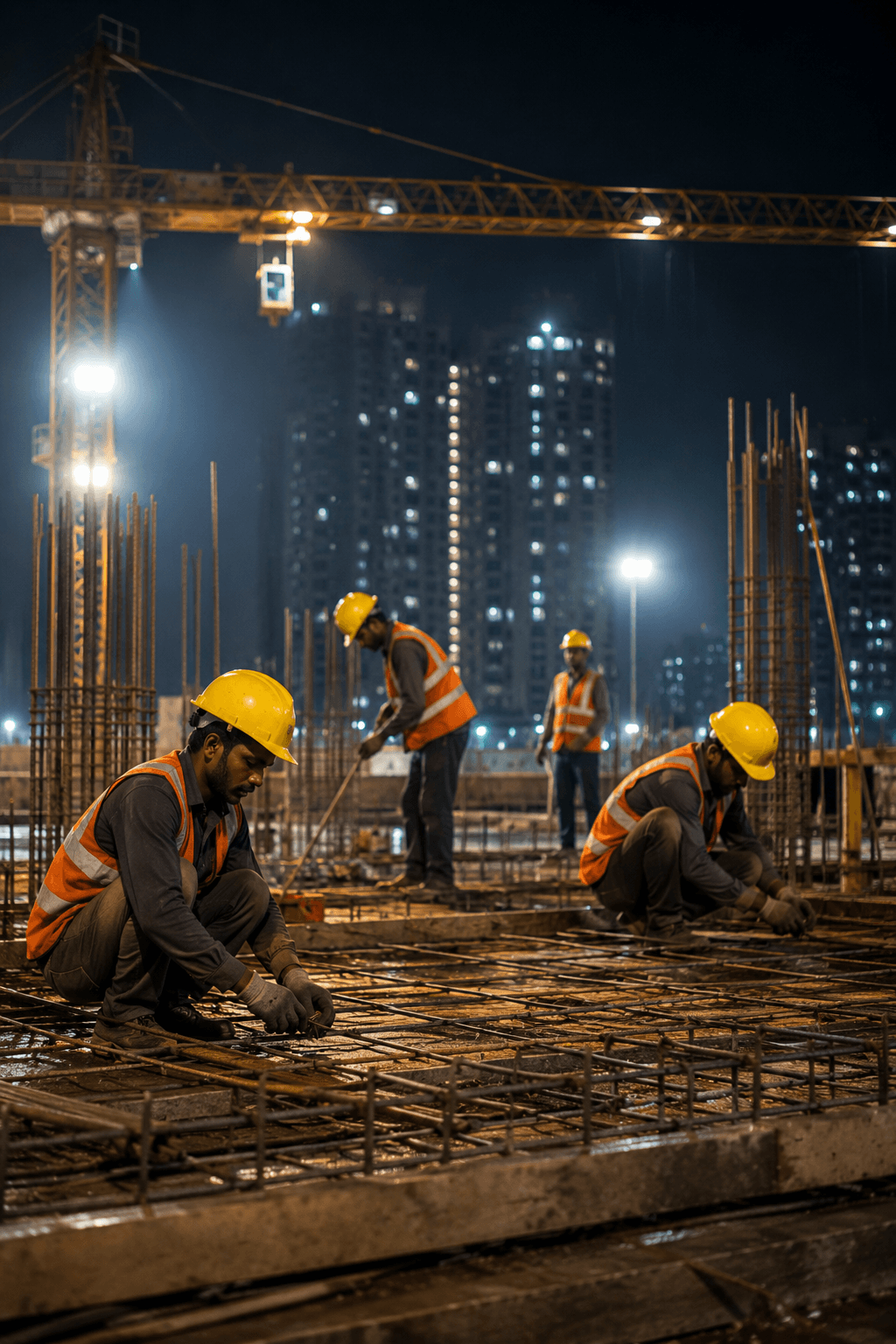 Construction workers reviewing shift schedules at a site