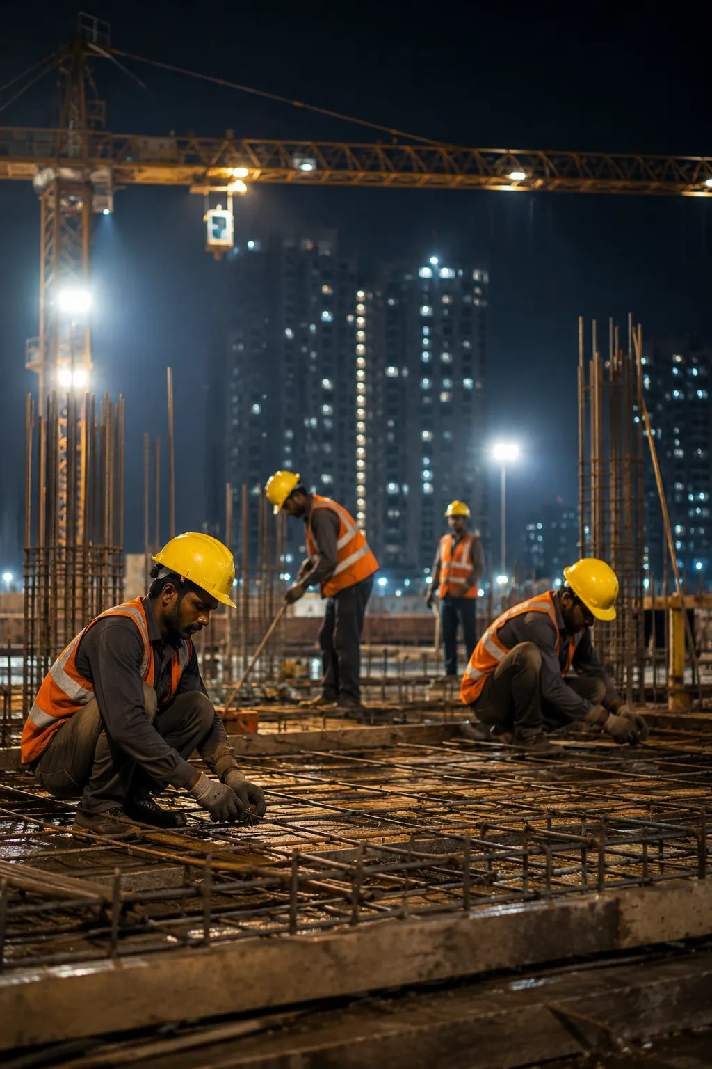Construction workers reviewing shift schedules at a site