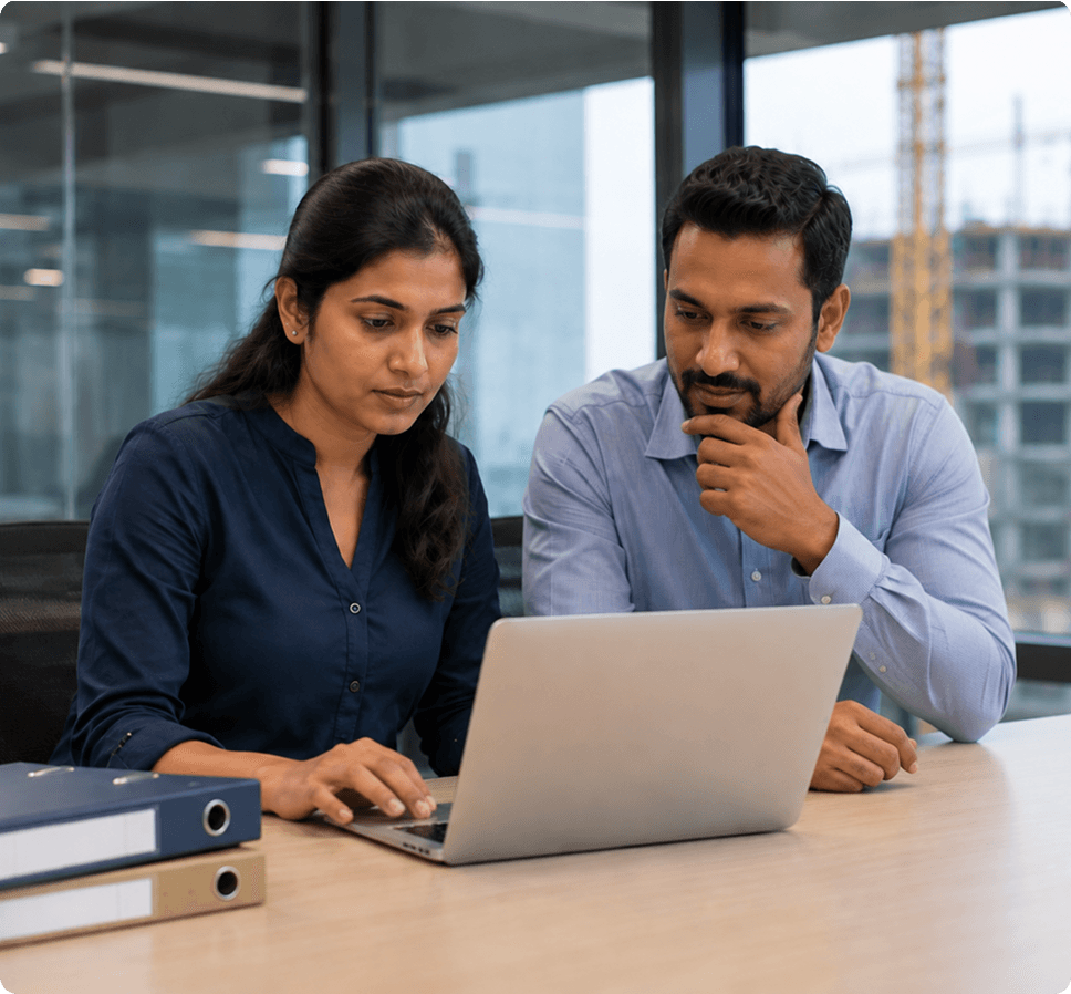 HR and finance professionals reviewing payroll data together on a laptop in an office