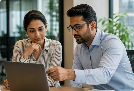 Finance professionals reviewing payroll-linked reports on a laptop