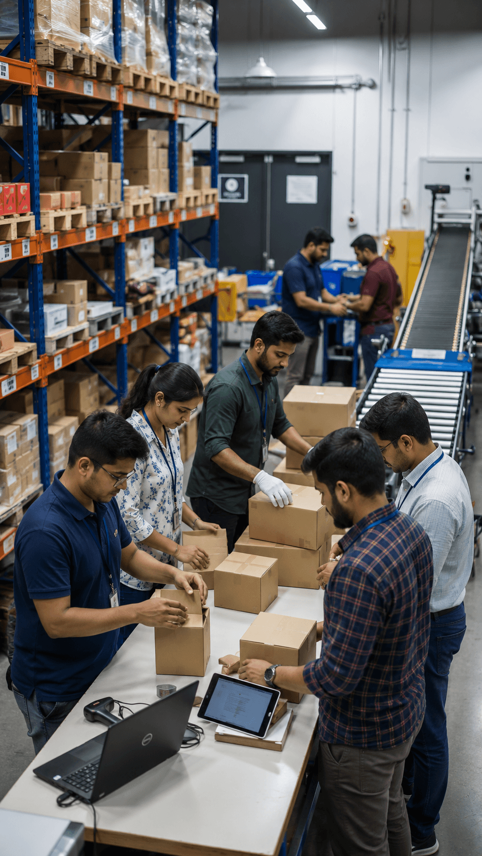 Warehouse team reviewing performance data together at a packing station