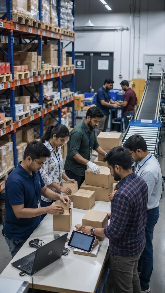 Warehouse team reviewing performance data together at a packing station