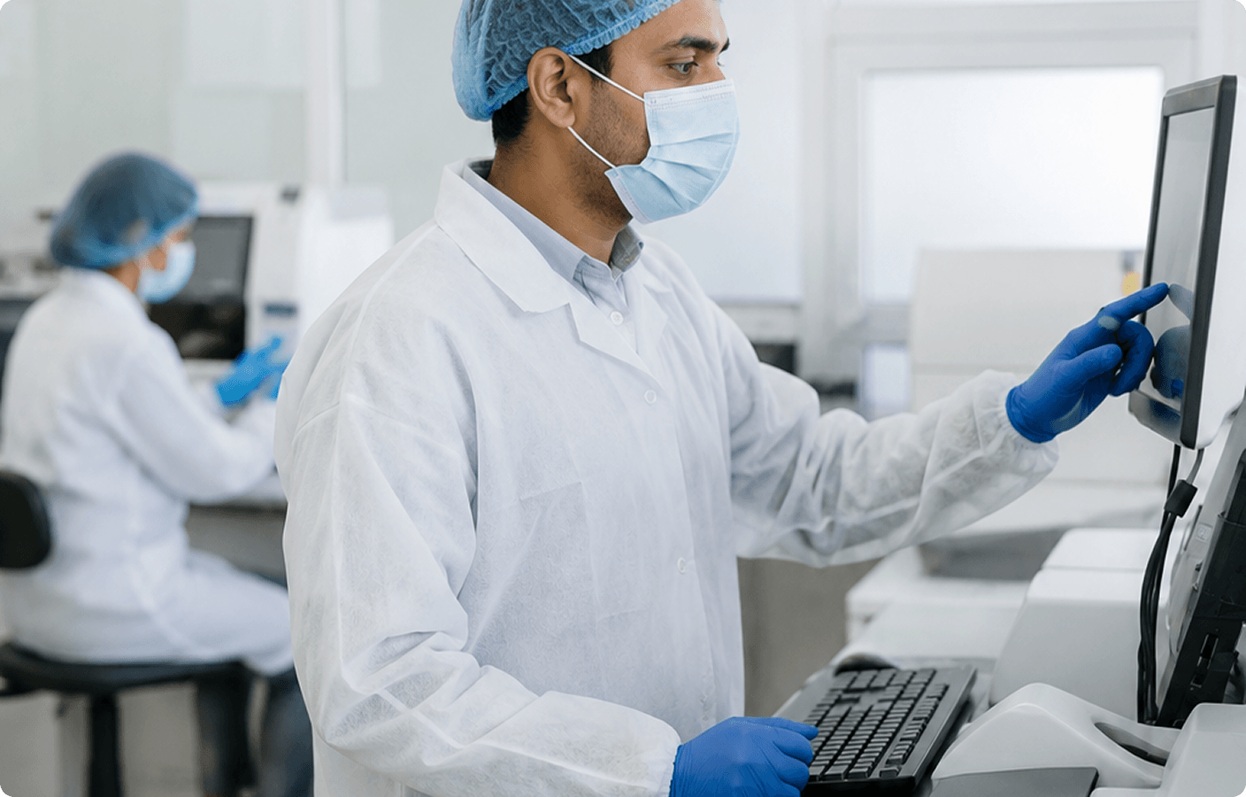 Pharmaceutical worker in protective gear using a touchscreen monitor at a cleanroom workstation