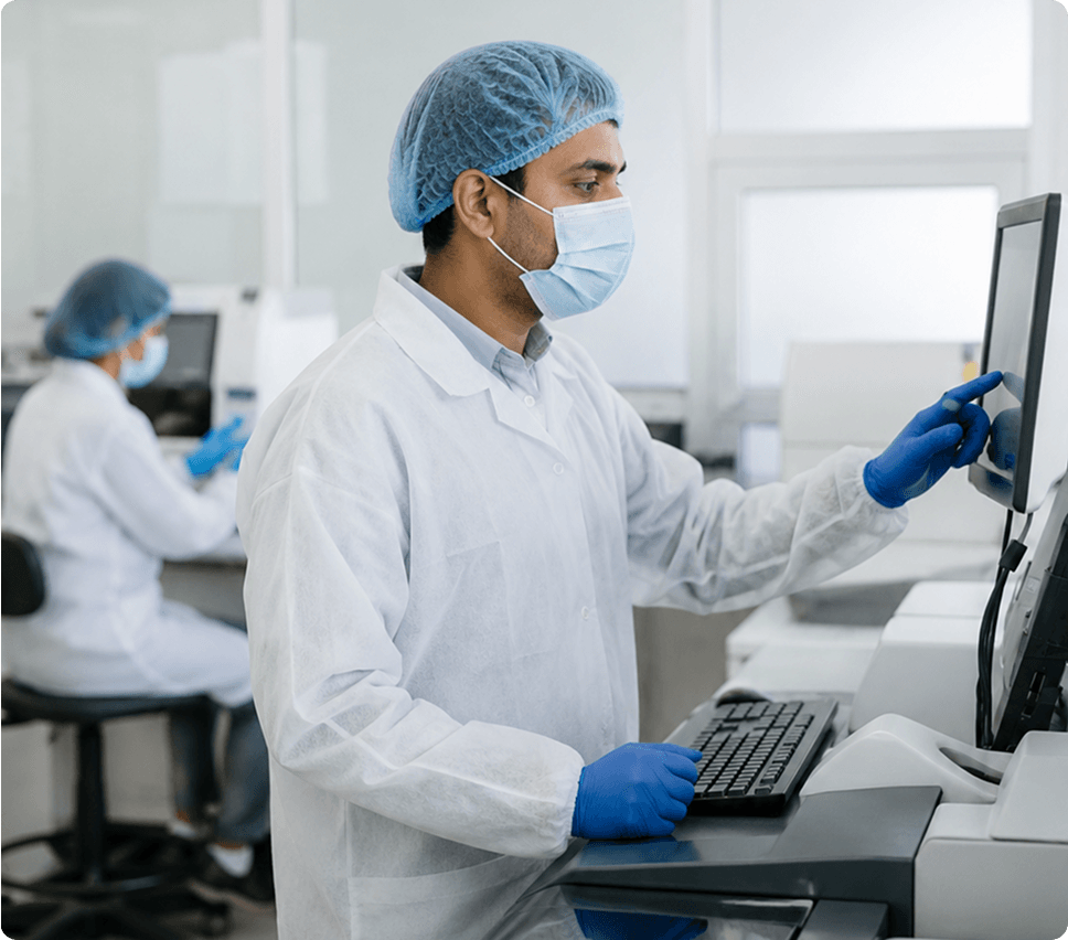 Pharmaceutical worker in protective gear using a touchscreen monitor at a cleanroom workstation