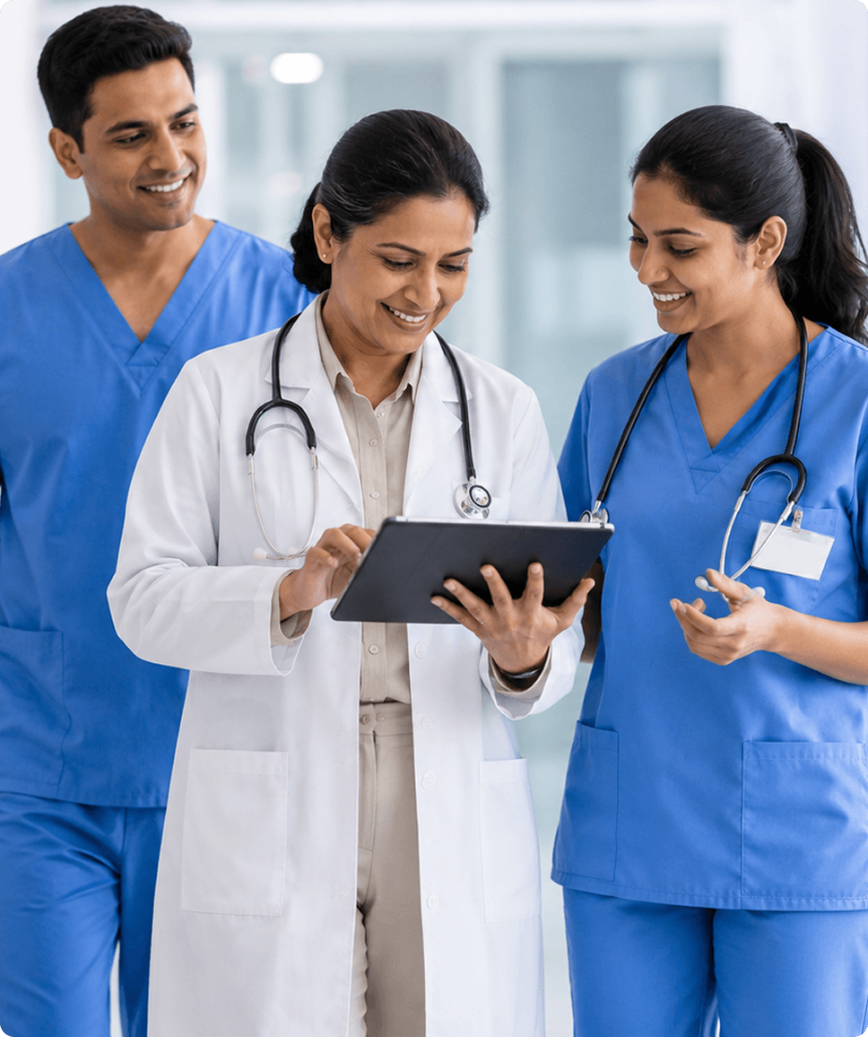 Healthcare professionals reviewing workforce reports on a tablet in a pharmaceutical facility