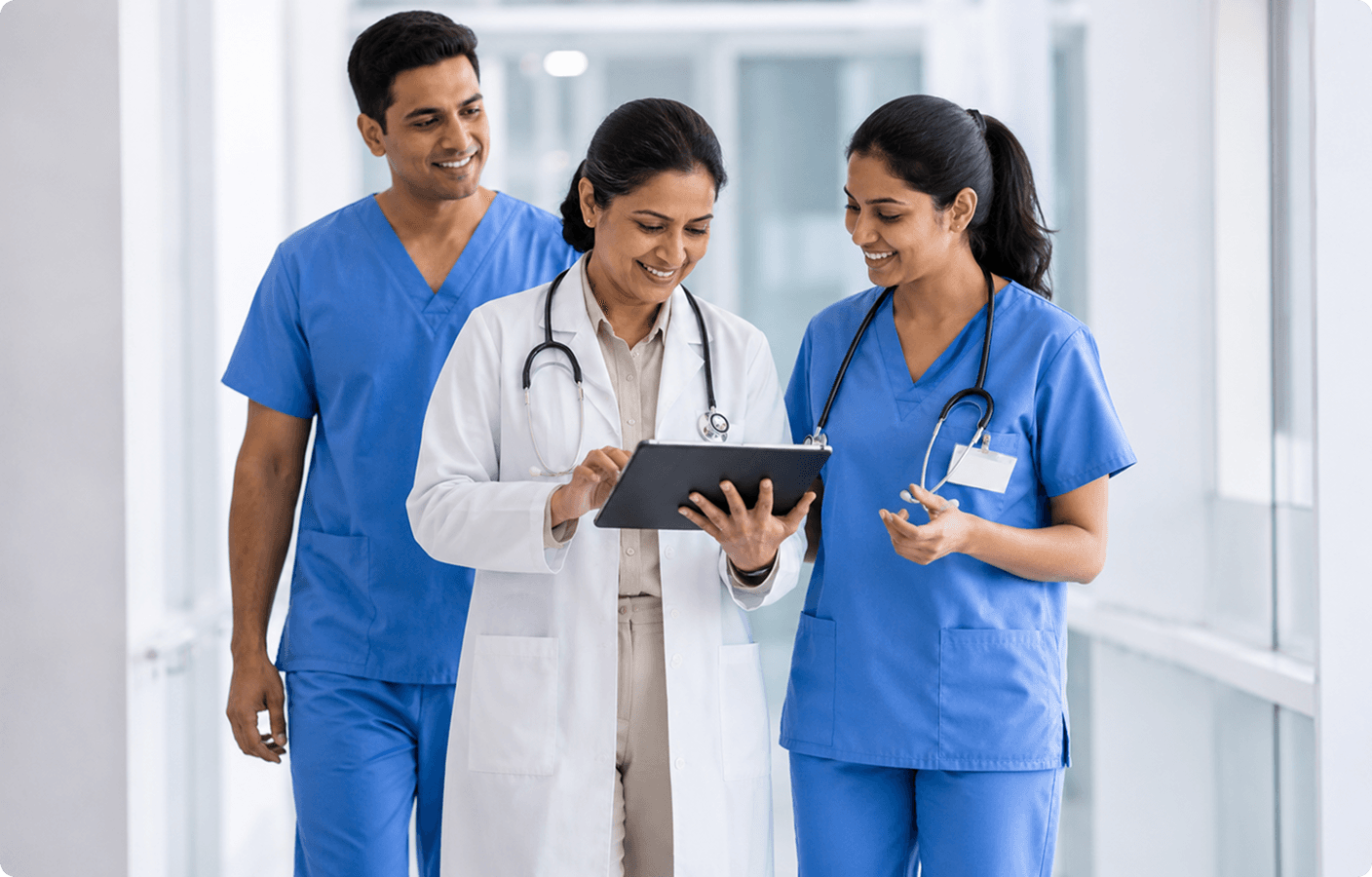 Healthcare professionals reviewing workforce reports on a tablet in a pharmaceutical facility