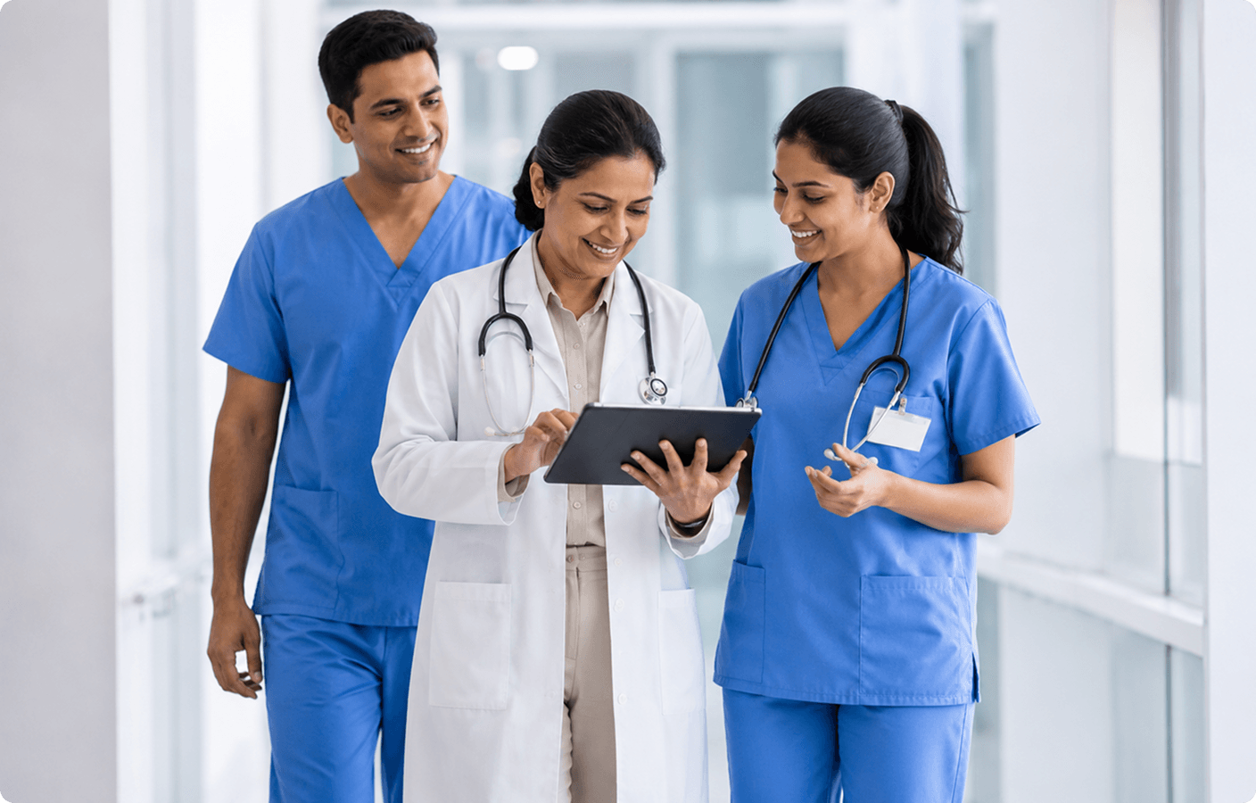 Healthcare professionals reviewing workforce reports on a tablet in a pharmaceutical facility
