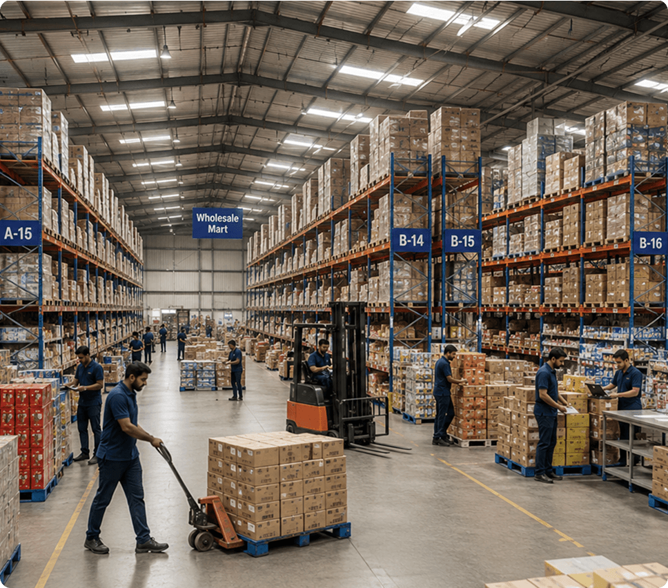Retail warehouse workers in blue uniforms moving inventory on pallet jacks in a wholesale distribution center
