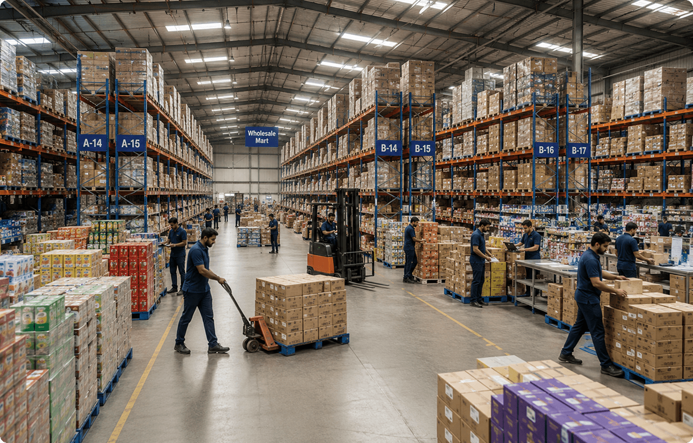 Retail warehouse workers in blue uniforms moving inventory on pallet jacks in a wholesale distribution center