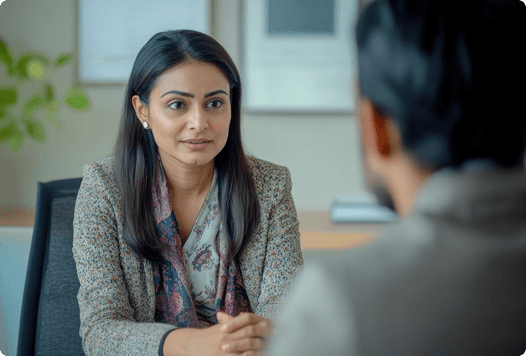 Departing employee in a professional exit interview conversation with HR