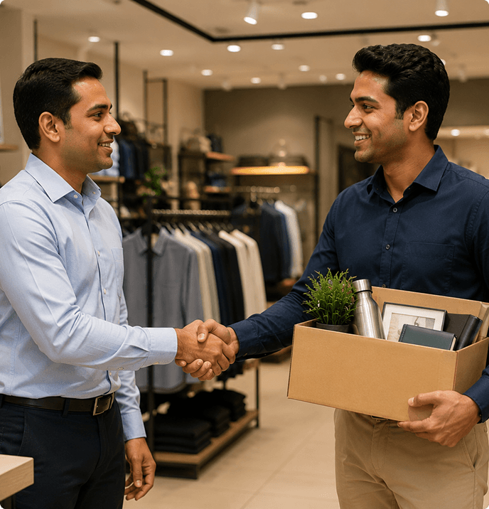 Two colleagues shaking hands as one carries a box of personal belongings during a smooth employee offboarding