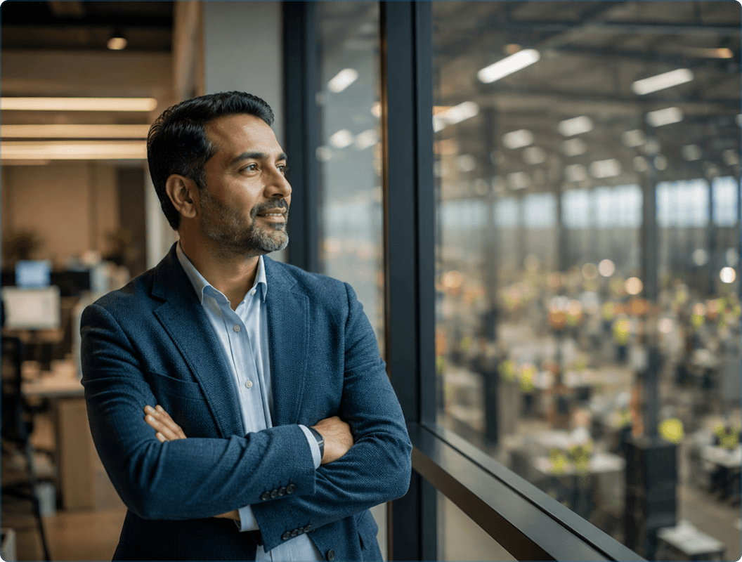 Business professional in a blazer standing with arms crossed in a modern office