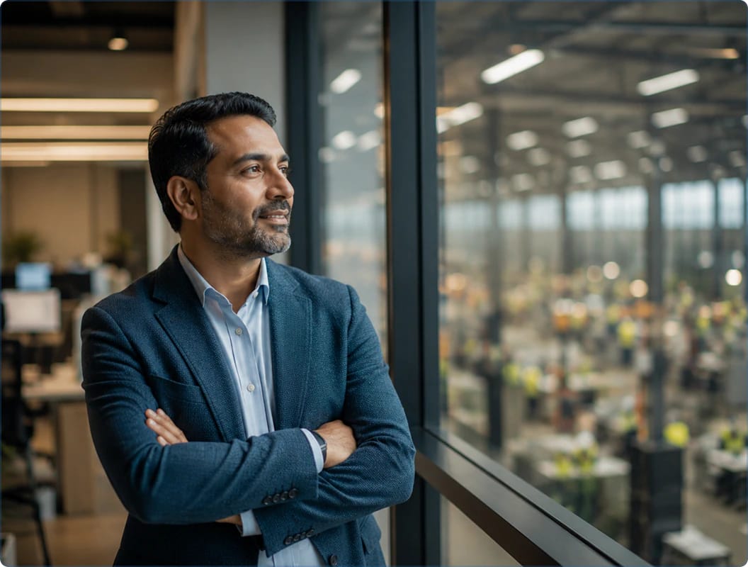 Business professional in a blazer standing with arms crossed in a modern office