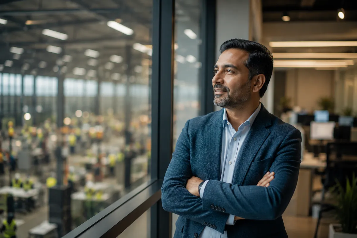 Business professional in a blazer standing with arms crossed in a modern office