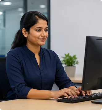 HR professional working at a laptop in an office