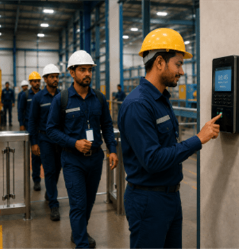 Factory employees recording attendance at a biometric terminal