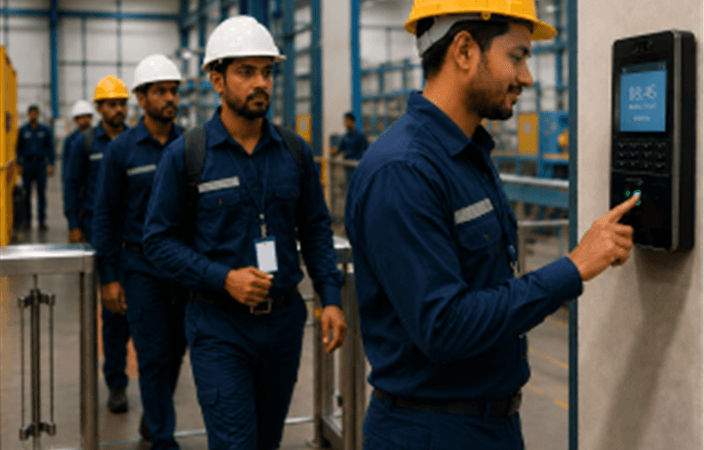 Factory employees recording attendance at a biometric terminal