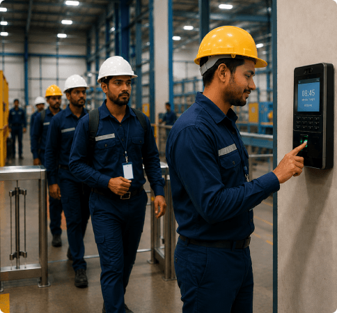 Factory employees recording attendance at a biometric terminal