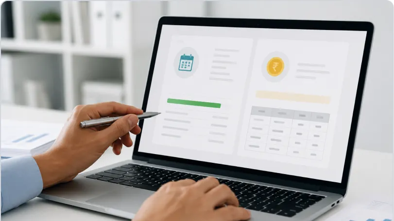 HR professional reviewing leave encashment figures on a laptop spreadsheet