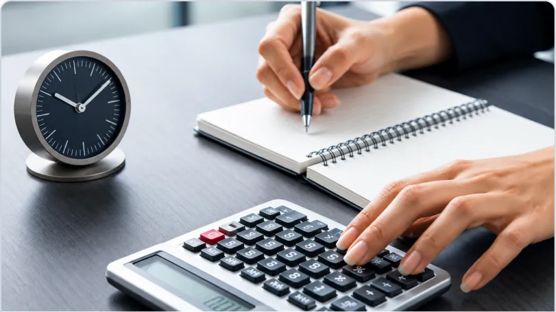Person writing notes next to an analog clock while tracking overtime hours