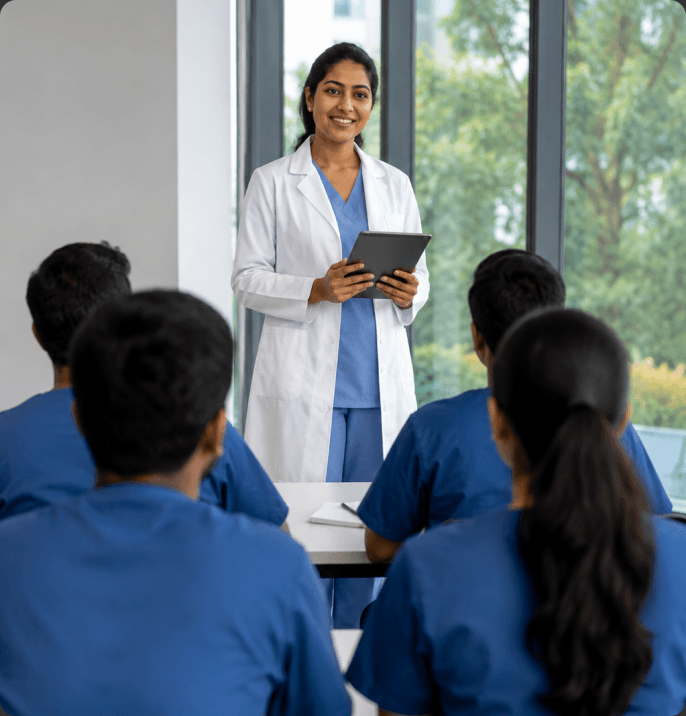 Medical training instructor with a tablet leading a group of healthcare workers in scrubs