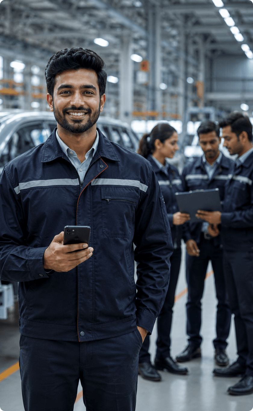 Factory worker in blue uniform holding a smartphone on a production floor