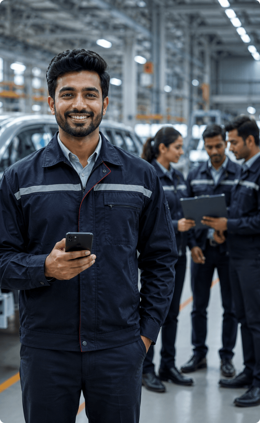 Factory worker in blue uniform holding a smartphone on a production floor